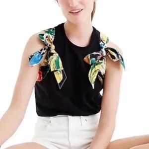 J.Crew Postcard Print Bow Shoulder Black Sleeveless Top